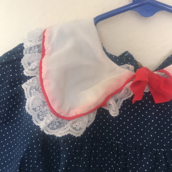 Vintage 80s 90s Girl Toddler Blue Polka Dot Ruffled Dress White Lace Collar &Bow - Picture 5 of 12